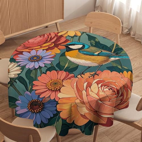 Nappe ronde en polyester imprimé fleurs oiseaux 177cm lavable table décorative extérieur - 5