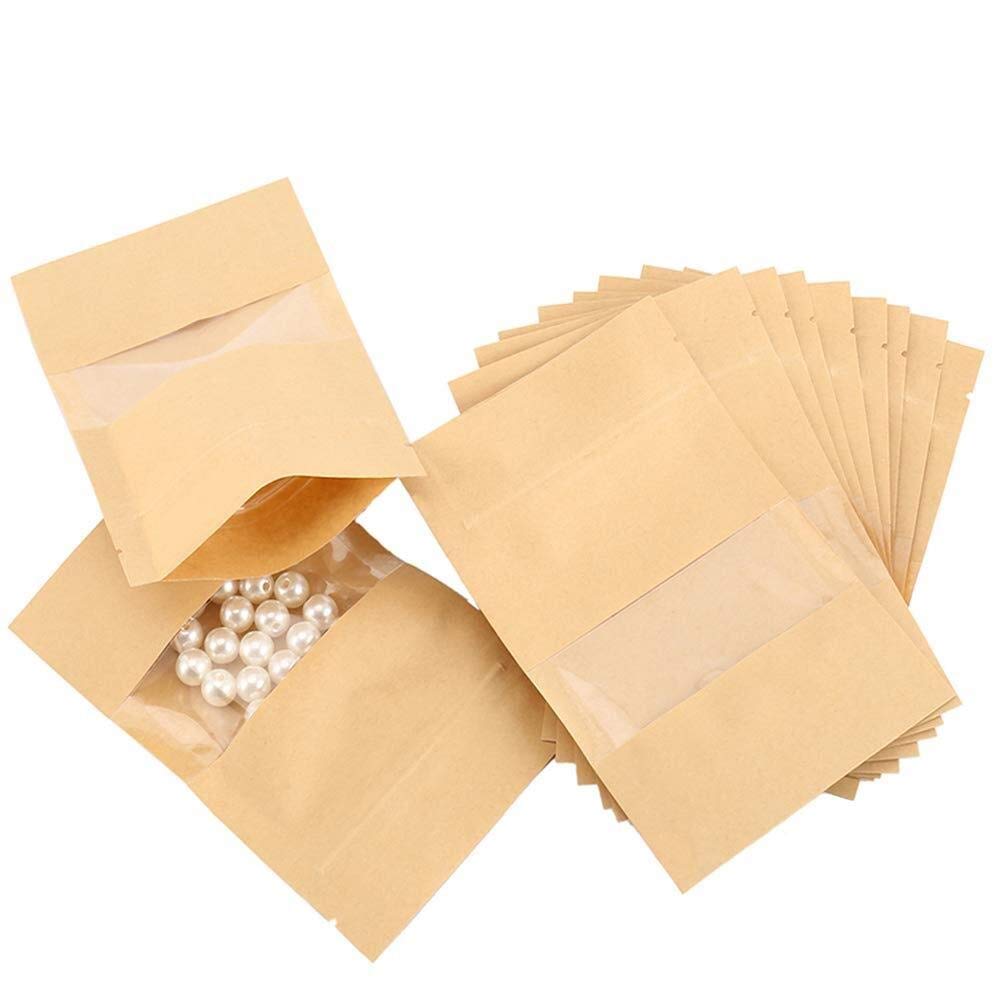 DHTU 50 Pcs Kraft Pouch With Tear Notch And Matte Window Zip Lock Food Bag Reusable Stand Up Sealing Pouches For Candy Coffee Beans Cookie Tea Storage (Size : 9 * 14 * 3cm)