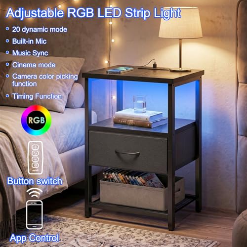 Image of Fixwal Night Stand with Charging Station, LED Nightstand Side Table with Fabric Drawers PU Finish, End Tables Bedroom, Bedside Table, Black