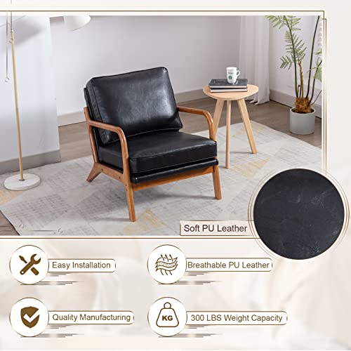 Kinffict Upholstered Mid Century Accent Chair, Comfy Lounge Armchair With Thicken Cushion, Modern Wooden Arm Chair, Sturdy Reading Chair For Living Room, Bedroom, 300 Lbs Weight Capacity, Black #TOP3