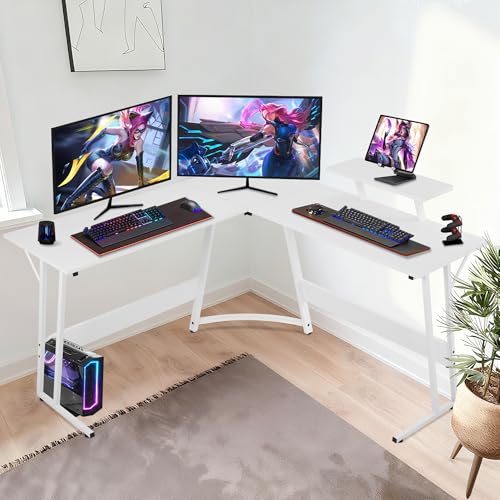 Image of L Shaped Gaming Desk, 50 inch Corner Desk, Spacious Dual Tops, P2 Particleboard, Metal Z-Legs, Adjustable Non-Slip Pads, Scratch /Waterproof, Multi-Use Home Office /Game Room /Dorm