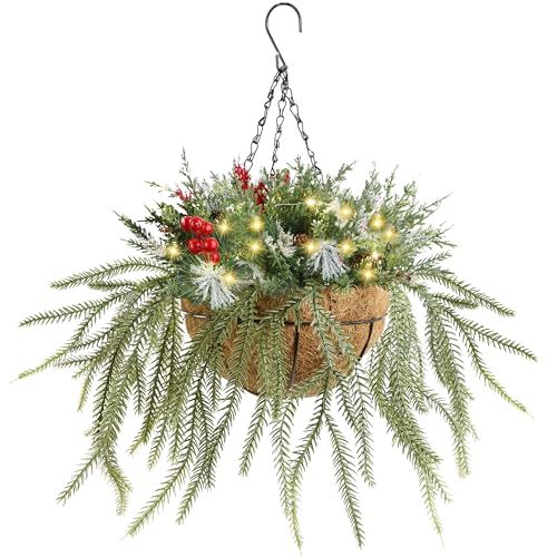 DR.DUDU Christmas Decorations Hanging Baskets, 18" Artificial Basket with Lights