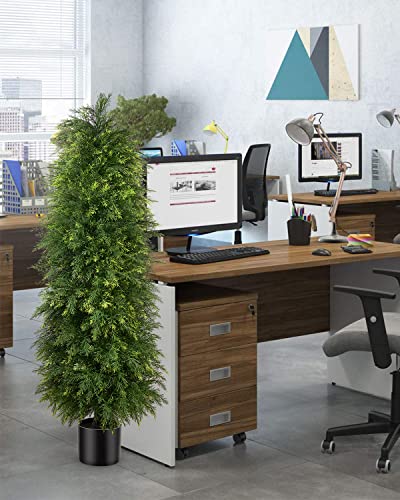 Image of 2 Pack 5ft Artificial Cedar Topiary Trees, Outdoor Artificial Plants for Front Porch Decor, Artificial Shrubs Fake Plants Uv Rated Potted Plants for Outdoor, Indoor, Front Door, Office