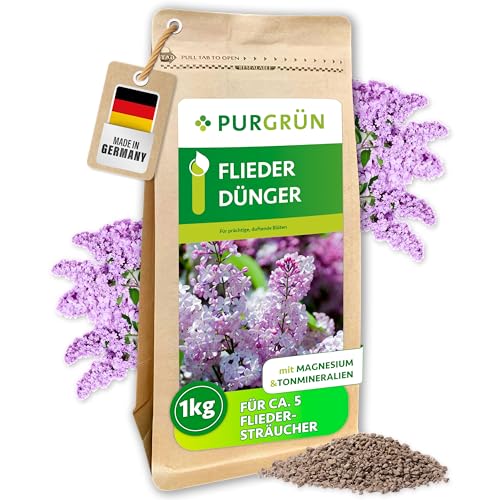 Purgrün® Fliederdünger 1 kg – Organisch-mineralische Rezeptur – Feinkörniges Krümelgranulat – NPK 5+4+6 – Extra Magnesium für leuchtende Blüten – Verbessert die Bodenqualität