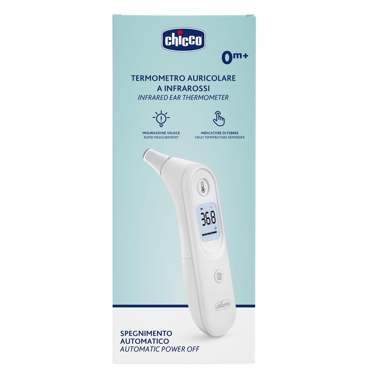 Chicco Termómetro de Oído por Infrarrojos, 0 Meses +, Medición Instantánea y Precisa de la Temperatura, con Sonda Pequeña, Sonido Indicador de Fiebre, Pantalla Retroiluminada, Estuche Incluido