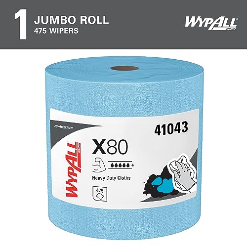 WypAll PowerClean X80 Cloths Heavy Duty Wipes (41043), Jumbo, Extended Use Towels, Blue (1 Roll of 455 Sheets, 455 Sheet Total)