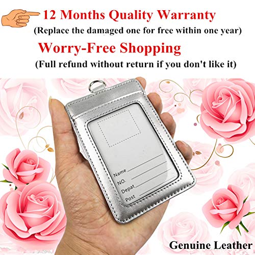 Lucstar Professional Id Badge Holder With Clip Lanyard Vertical,Genuine Leather Badge Holder Heavy Duty, Clear Front Window Coach Name Holder For Women Men Work Student Id, Nurse Company(Silver) #TOP6