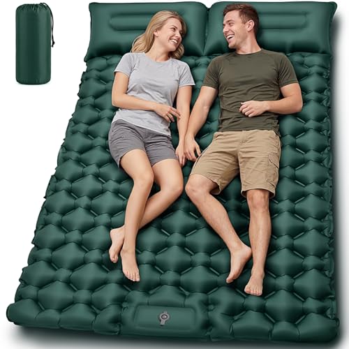 Double Camping Sleeping Pad, 4' Extra Thick 2 Person Inflatable Sleeping Pad with Built-in Foot Pump & Pillow, Self Inflating Camping Mattress for Tent, Backpacking, Hiking, Travel, RV（Dark Green）