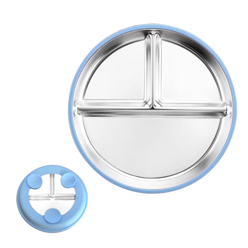 HASTHIP® Kids Food Plate with Suction Cups,9'' Round 3-Compartment Plate,Stainless Steel Food for Toddlers Self-feeding Training Anti-flip Shallow Breakfast Bread Snack