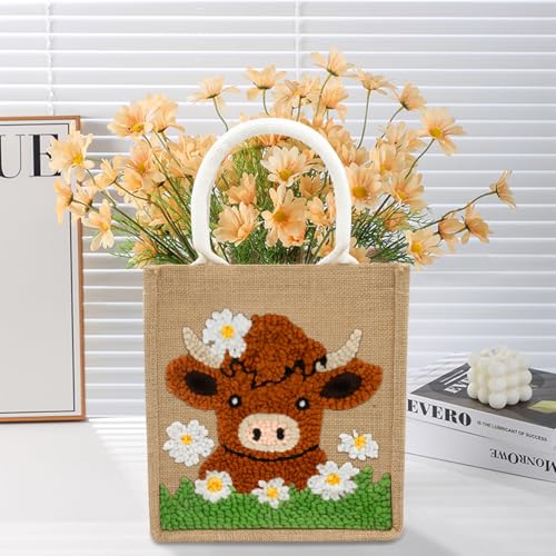 Image of PUNICA Punch Needle Kits for Beginners with Highland Cow Pattern - Burlap Tote Bag for Adults & Kids, DIY Embroidery Starter Kit | Easy Craft Gifts (9x6.5x8.5 Inch)
