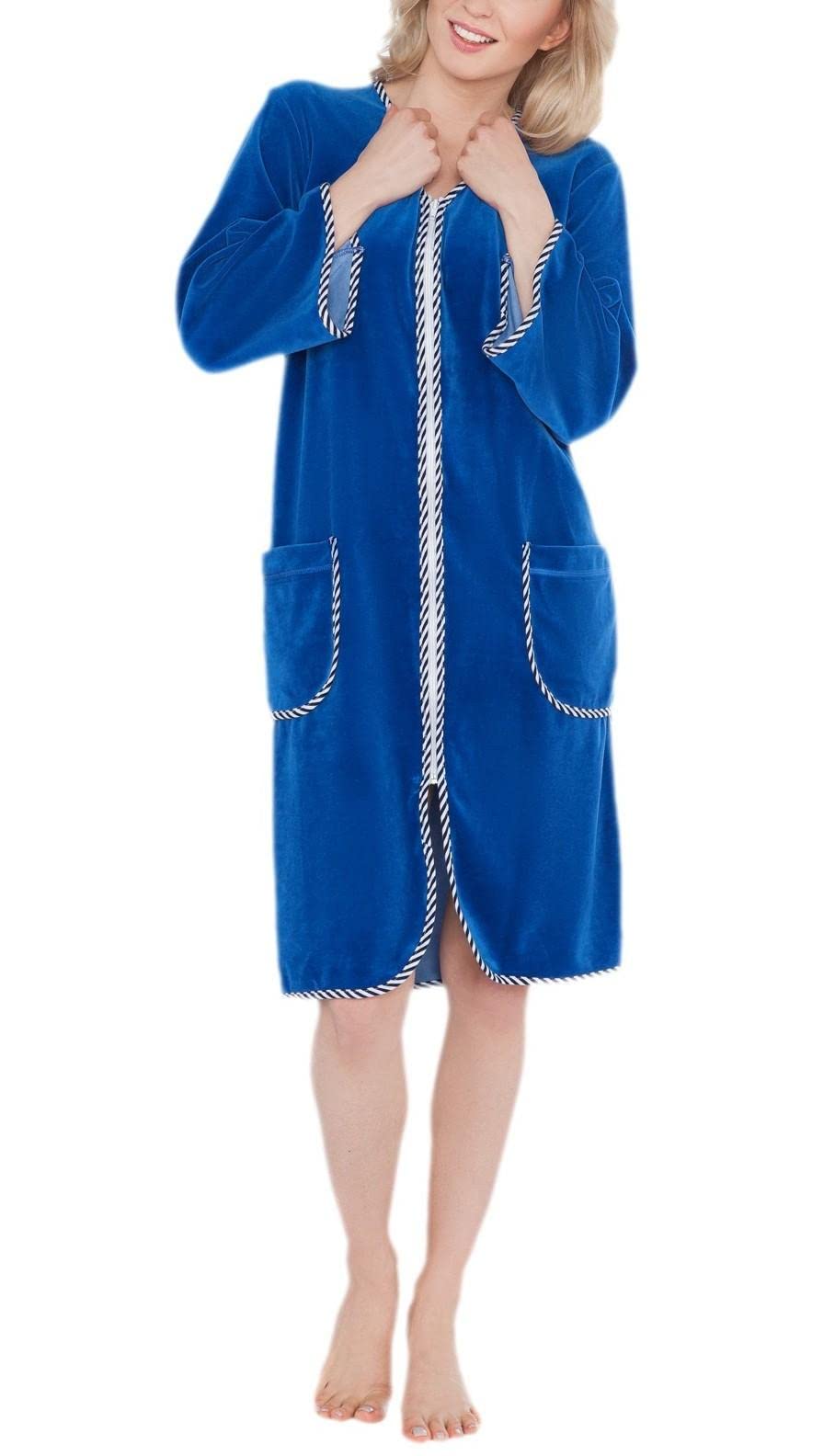 Aquarti Women's Bathrobe 3/4 Sleeve with Zipper Housecoat, Blue, 5XL