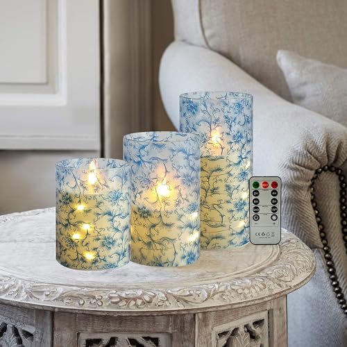 Image of Flickering Flameless Candles Blue Floral Print, Embedded Star String Lights, Battery Operated Acrylic LED Pillar Candles with 11-Key Remote and Timer for Home Decoration, 3 Pack