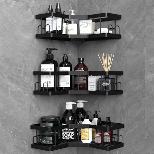 AceMining Shower Caddy, 3 Pack Black Bathroom Shelves, Adhesive Shelf Storage No Drilling, Carbon Steel Shower Organiser, Rust-Resistant Caddy Corner, Soap Holder, Bathroom Accessory