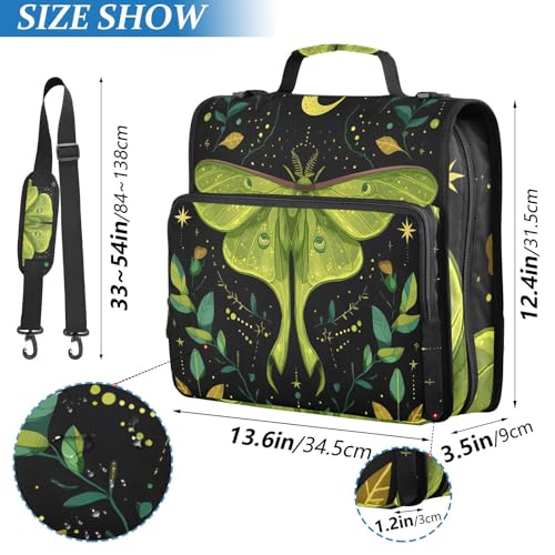 Image of 3 Ring Zipper Binder with Shoulder Strap Mystical Green Moon Moth Boho 1.5 inch Binders Keeper Large Capacity Multi Pockets for School Office Supplies