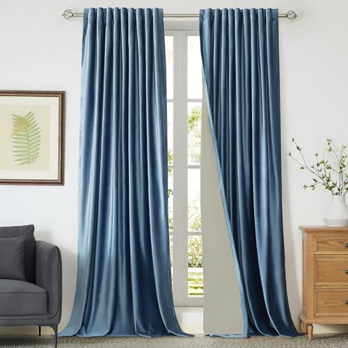 Image of PRIMROSE Full Blackout Velvet Curtains 102 inch Long for Living Room,2 Panles Stone Grayish Blue Liner Rod Pocket Back Tab Thermal Window Curtains Room Darkening Curtain Drapes for Bedroom