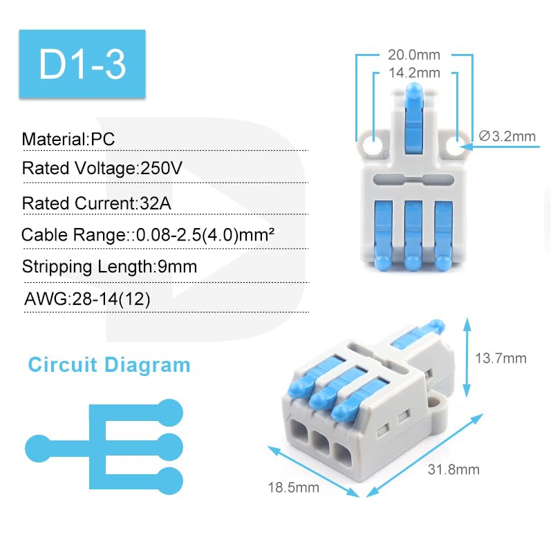 1 in Multiple Out Lever Wire Connectors 28-12 AWG Push-in Compact Splicing Wiring Terminals Quick Disconnects Home Junction Box(D1-3BL)
