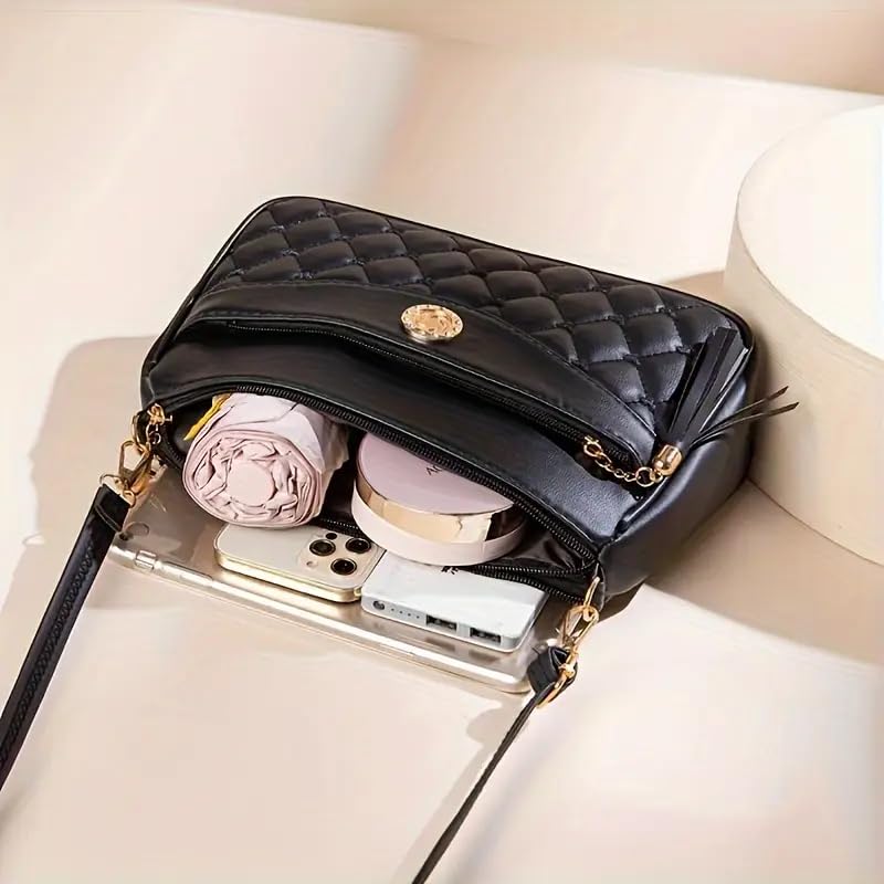 Image of SHAMRIZ Korean Style Quilted Sling Bag for Girls | Cute Heart Pattern Crossbody Purse with 3 Zipper Compartments | Fancy Tassel Side Bag for Party, Wedding & Gifts | Mini Slingbag /One Side Bag