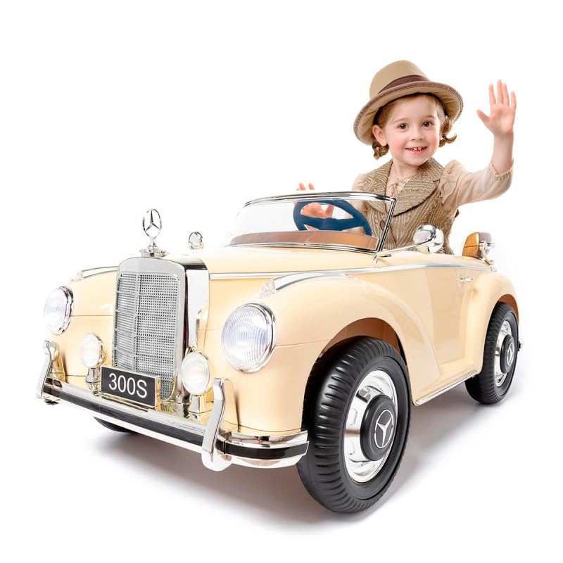 ATAA Mercedes clásico 300s - Beige - Coche eléctrico para niños y niñas Estilo Retro con Mando para Padres, batería 12v, Luces y música mp3