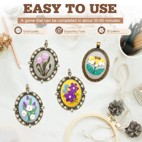 Image of ZOCONE New 4 Packs Embroidery Necklace Kits, Embroidery Pendant Kit Mini Cross Stitch Kit with Hoop, Necklace, Pendant, Stamped Pattern Cloth, Instructions, etc., Embroidery Kits for Adults