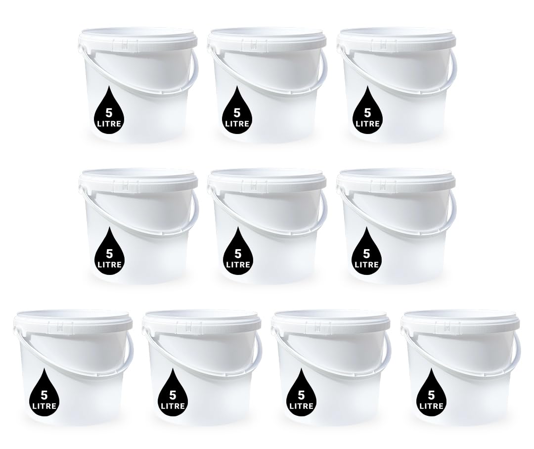 10 x 5L Plastic Bucket Pail + Handle & Lid - Heavy Duty ¦ Food Grade BPA Free ¦ Multi-use Fermentation Feed Dry Food Liquid Chemicals Hydroponics Storage Container WHITE