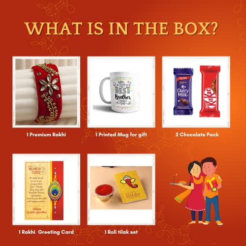 Image of CraftVatika Kundan Rakhi Gift Combo For Brother with Chocolate Mug Set,Premium Elegant Rakhi Hamper For Bhai Men Girls Sister,Best Brother Rakhi Coffee Mug Gift, Rakshabandhan (Design1)