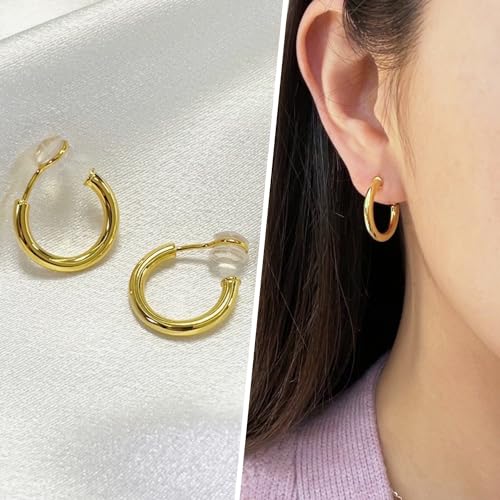 Chunky Gold Clip On Hoop Earrings for Women 14K Gold Plated Non Pierced Tube Hoops Hypoallergenic Adjustable No Piercing Fake Earrings3