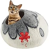 Juccini Handcrafted Felted Wool Cat Cave Bed for Cat and Kittens - Felted from 100% Natural Wool (White/Grey Flower, Medium)