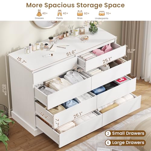 Image of DICTAC 8 Drawers Dresser for Bedroom, White Large Chest of Drawers, Long Modern Double Dressers, Big Clothing Storage Organizer Closet with Ample Space, 51.6''L x 15.7''D x 37.7''H