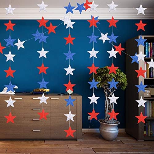 Miniatura 6 de JEYE Guirnalda de estrellas patrióticas para colgar en color rojo, plateado y azul, decoración para colgar en banderines de papel con estrellas
