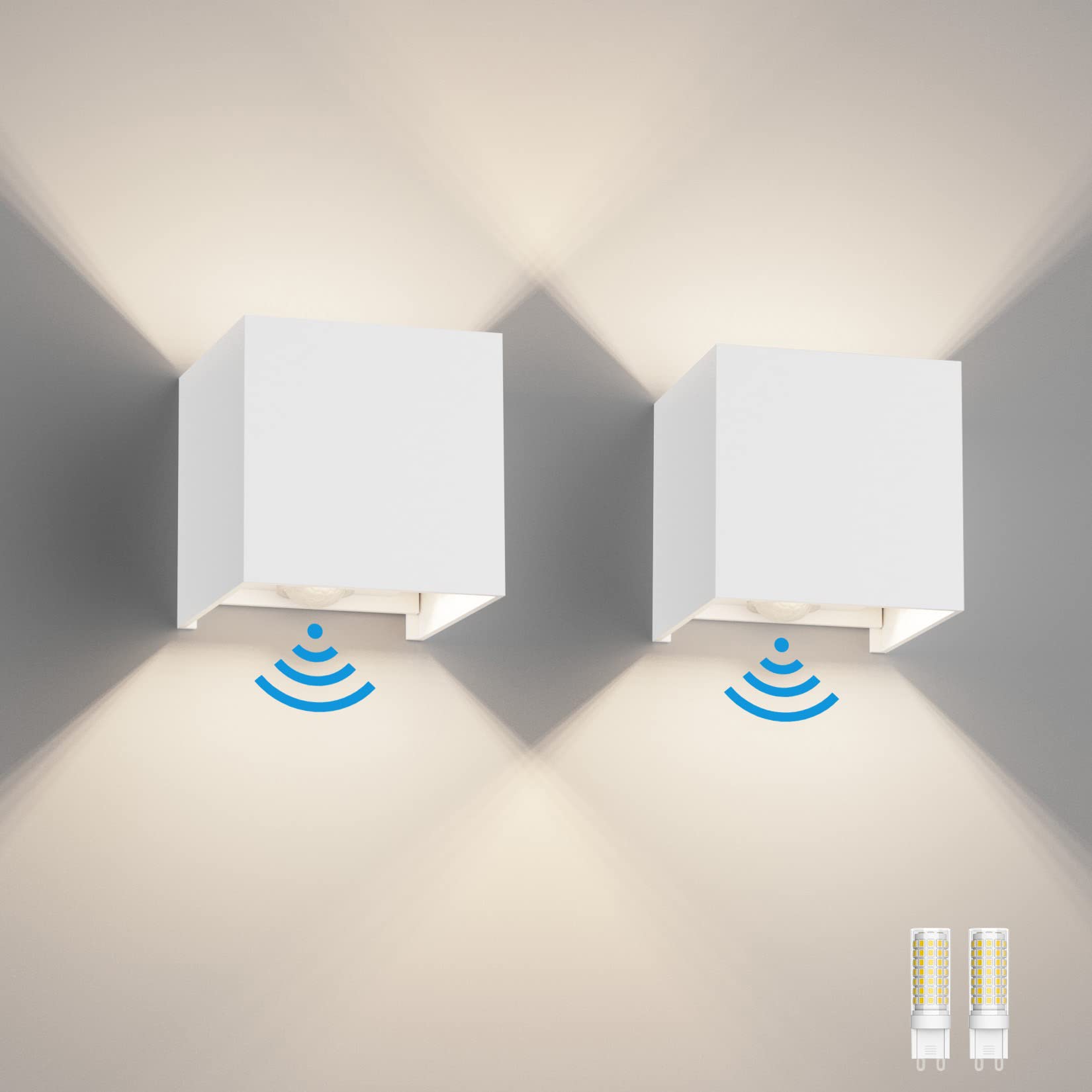 Klighten 2PCS Lampada da Parete Interno/Esterno con Sensore di Movimento, con Sorgente Luminosa Sostituibile Lampadina G9, 4000K Angolo del Fascio Regolabile Applique Esterno, Bianco