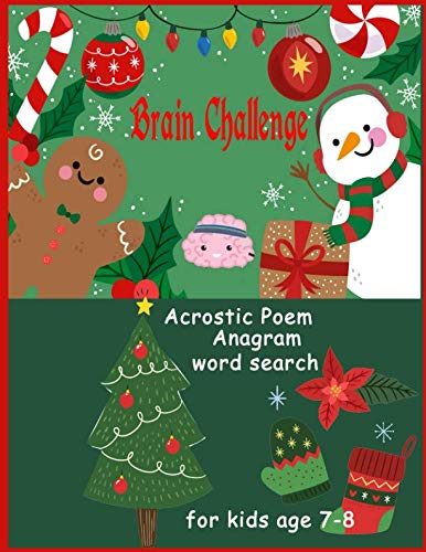 Brain Challenge Acrostic poem Anagram Word search for kids age 7-8: Christmas Vocabulary Puzzle Fun Game
