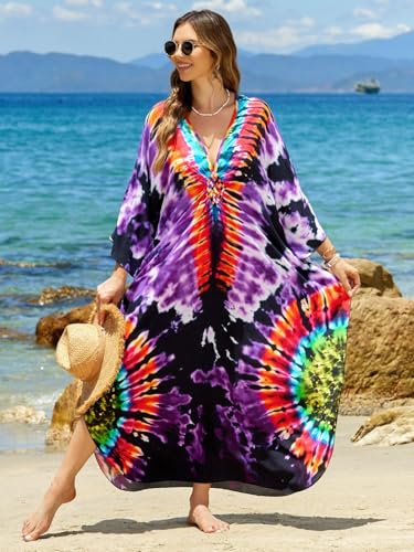 Image of IMAGEKOPE Women's Plus Size Animal Print V-Neck Batwing Kaftan Beach Dress Bathing Suit Cover-Up Loungewear