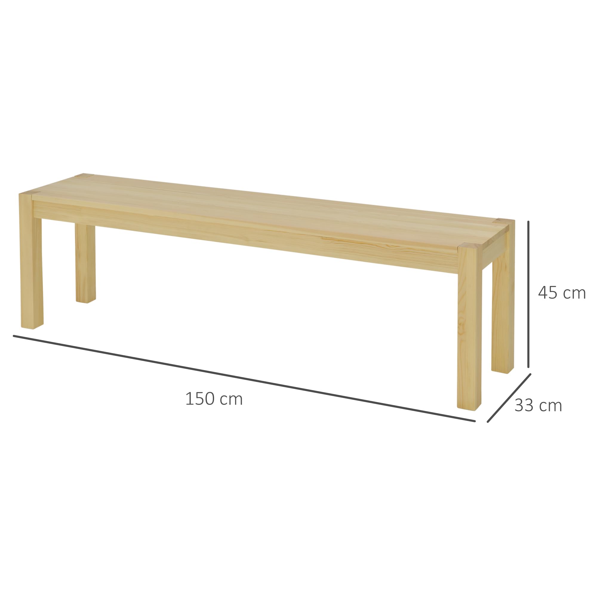 HOMCOM Sitzbank 3-Sitzer Holzbank Küchenbank im Landhaus-Stil, Essbank für Wohnzimmer, Küche, Eingang, Kiefernholz, bis 330 kg belastbar, 150 x 33 x 45 cm, Natur
