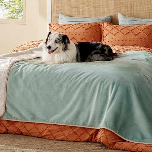 Image of Bedsure Waterproof Blanket for Bed - Sherpa Fleece Waterproof Dog Blankets for Large Dogs, Pet Blankets for Bed /Couch /Dog Crate, Soft Plush Reversible Furniture Protector, Twin, 80 inchx60 inch, Light Green
