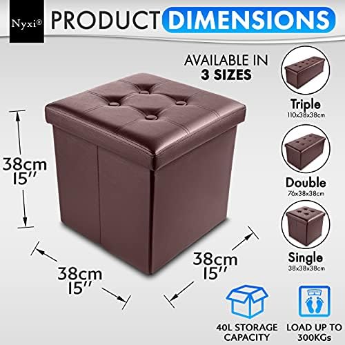 Nyxi Faux Leather 38 * 38 * 38cm Brown Ottoman Foldable Storage Boxes Seat Foot Stool Storage Box with Lids for Kids Toys, Bedroom, Hallway, Living Room