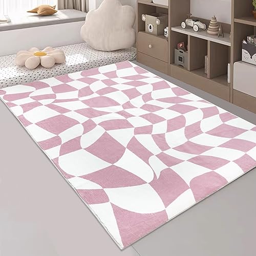USTIDE Area Rug Modern Pink Checkered Rug for Living Room Bedroom Grid Area Rug Soft Washable Rug with Non-Slip Backing Large Indoor Carpet for Home Decor 120x180cm