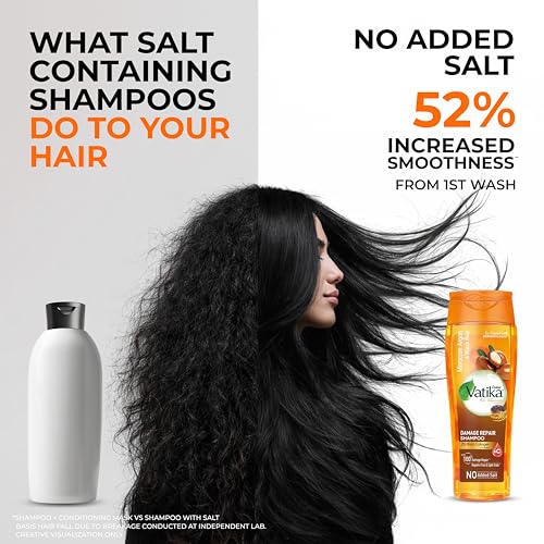 Image of Dabur Vatika Bio-Infusions Damage Repair Shampoo | Moroccan Argan & Black Rice | 2% Plant Collagen + Vitamin C | 100% Damage Repair | Repairs Frizz & Split Ends | No Added Salt | For Dry & Damaged Hair