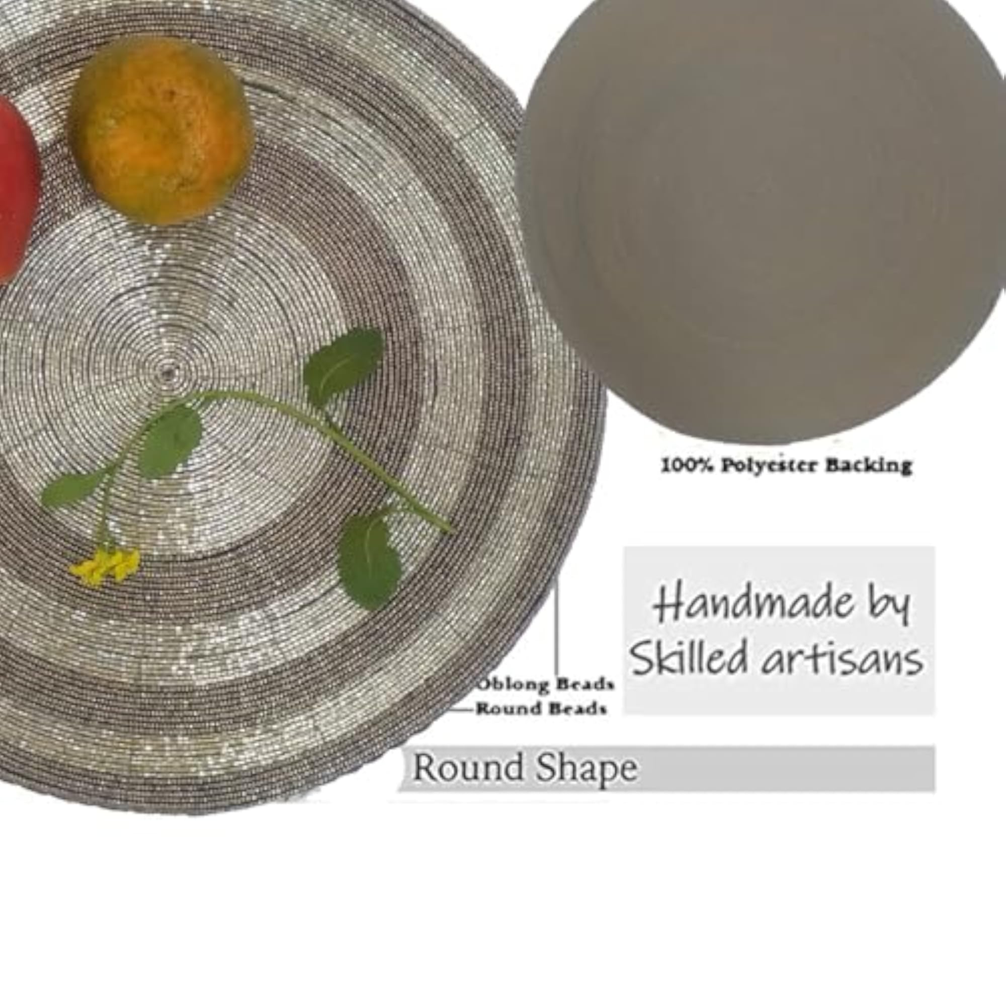 Decorative Handmade Beaded Round Placemat, Silver/Grey