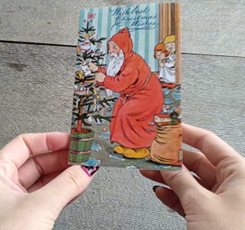 Image of PIXILUV RED CHRISTMAS (Pack of 12) Notecards Small Greeting Cards # Vintage Santa Claus in Bright Red Robes ~ Vintage Christmas Postcards Reprint