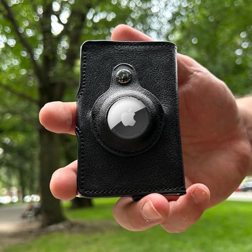 Slim Leather Wallet for Men with Built-In AirTag Holder – RFID-Blocking Pop-Up Card Holder for Cash and Cards – Minimalist Genuine Leather Front Pocket Bifold Wallet (Black, Holds 10 Cards)2