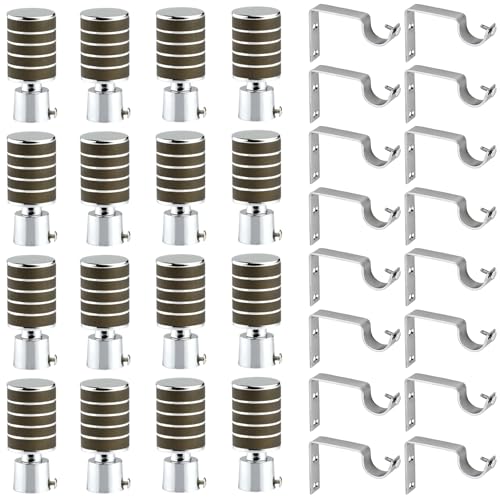Image of GRIVAN Stainless Steel Wooden Finish Curtain Bracket Parda Holder with Support 1 Inch Rod Pocket Finials Designer Door and Window Rod Support Fittings, Curtain Rod Holder (Wooden Finish, Pair of 8)