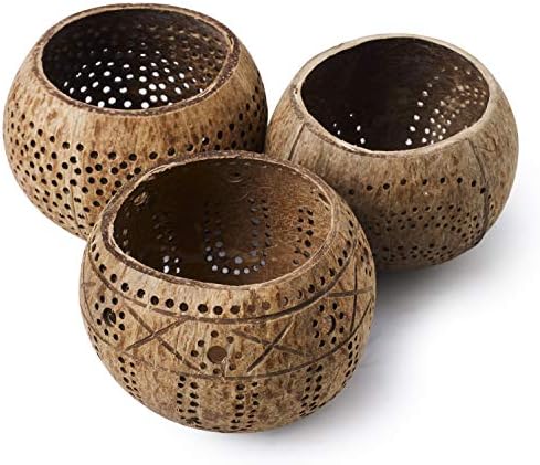 Jollifers Coconut Shell Candle Holders - Set of 3 Tropical Decor Coconut Candles for Table Centrepieces - Natural & White Candle Coconuts for Tiki Decor, Luau Decorations or Hawaiian Table Decorations