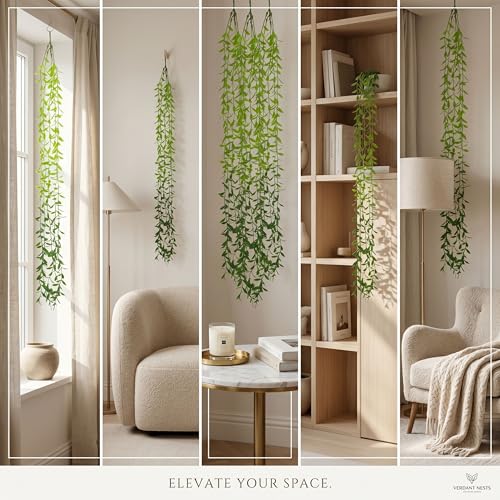 Image of Dekorly 75CM Artificial RainFlow Ivy Hanging Vines (Pack of 4) | Lush Green Cascading Creeper for Home & Balcony Decor (4, Dark Green Tail Vines)