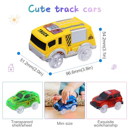 Tracks Cars 4PCS Magic LED Light-up Track Car Replacement Only,Flex Race Cars Glow in The Dark with 5 Flashing LED Lights Fits Most Tracks,Perfect Car Toys for 3-8 Kids,Boys&Girls