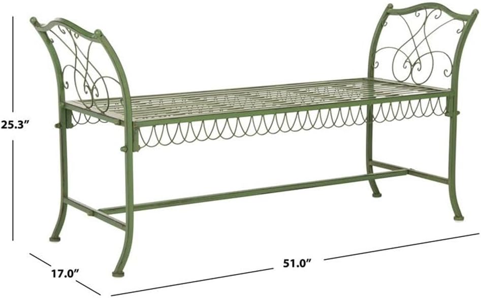 Pemberly Row Decorative Metal Garden Outdoor Bench, 25.25"H x 51"W x 17"D, Powder-Coated Antique Green Finish, Weather-Resistant, Classic Wire Design, Charming Seating for Patio, Garden, or Entryway