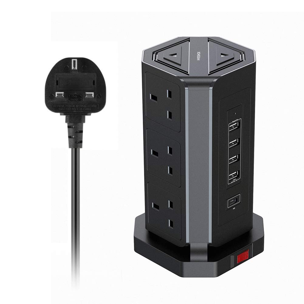 NVEESHOX 10 Plug Extension Lead, 5M Cord Tower Power Strip with 2 USB Slots&1 PD 30W USB-C Slot, Surge Protection, Overload Protection, Detachable Stackable Socket for Home, Office - Black (2500W/10A)