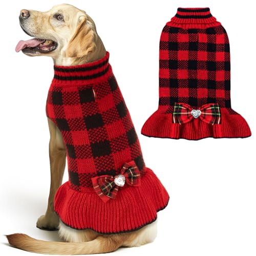KYEESE Christmas Dog Sweater Dress for Medium Dogs with Leash Hole Classi Checkered Pet Sweaters Dog Christmas Outfit with BowtieTurtleneck Dogs Apparel for Winter, XXXL