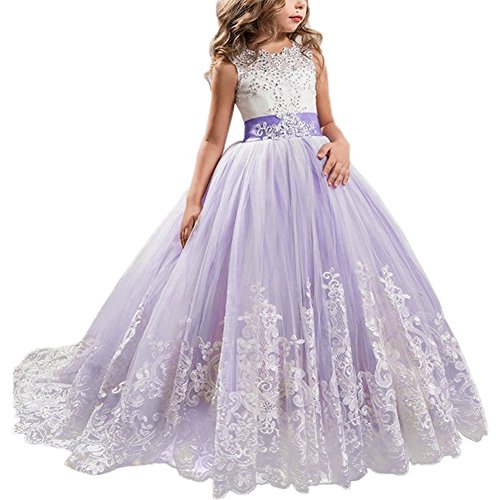 Girls Flower Lace Princess Communion Tulle Dress Long Pageant Gown Floor Length Prom Wedding Evening Formal Party