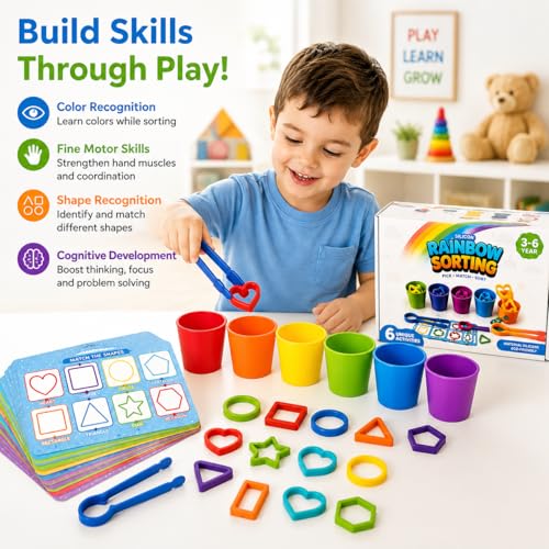 Image of Silicone Rainbow Shape Sorting Game for Kids, Montessori Learning Toy, Color & Shape Matching, Counting, Sequencing, Fine Motor Skills Activity, Preschool Gift For Kids Girls, Ages 3-6