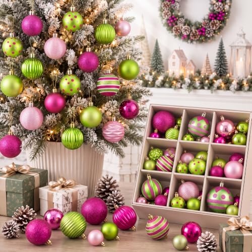 Image of Lunmon 64 Pcs Lime Green Pink Christmas Ornaments Sets Polka Dot Xmas Balls